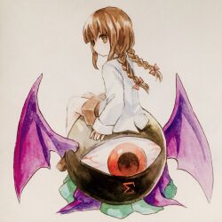  1girl bat_wings bow braid brown_eyes brown_footwear brown_hair brown_shorts commentary_request evil_eye_sigma hair_bow highres kaigen_1025 long_hair long_sleeves painting_(medium) purple_wings rika_(touhou) shirt shorts simple_background sitting sleeves_past_wrists touhou touhou_(pc-98) traditional_media twin_braids watercolor_(medium) white_background white_shirt wings 