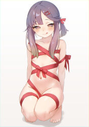  1girl barefoot blush bow collarbone commentary feet flat_chest full_body gradient_hair hair_ornament hair_ribbon hairpin heart heart_hair_ornament kantai_collection licking_lips loli looking_at_viewer multicolored_hair naked_ribbon navel one_side_up orange_hair purple_eyes purple_hair red_bow red_ribbon ribbon sakieko short_hair_with_long_locks sidelocks simple_background smile solo squatting stomach symbol-only_commentary thighs toes tongue tongue_out tsushima_(kancolle) white_background  rating:Questionable score:65 user:danbooru