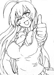  1girl ahoge antenna_hair breasts hair_between_eyes highres ikkitousen large_breasts long_hair looking_at_viewer monochrome murata_tefu one_eye_closed open_mouth school_uniform simple_background skirt smile solo sonsaku_hakufu thumbs_up very_long_hair white_background 