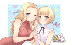  2girls :o ;) absurdres anniversary blonde_hair blue_background blush breasts brown_sweater clare_(claymore) claymore_(series) closed_mouth commentary_request diagonal_stripes english_text forehead grey_eyes heart highres holding_hands interlocked_fingers jewelry long_hair medium_breasts multiple_girls nail_polish one_eye_closed parted_lips pocopoco red_nails ribbed_sweater ring shirt short_hair sleeveless sleeveless_shirt small_breasts smile striped striped_background sweater teresa_(claymore) turtleneck turtleneck_sweater very_long_hair white_shirt 