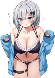  1girl alternate_breast_size bare_shoulders bikini black_bikini black_bow blue_eyes blue_hair blue_jacket bow breasts cleavage cross_hair_ornament earrings female_focus frilled_bikini frills grey_hair hair_bow hair_ornament jacket jewelry kaga_sumire large_breasts long_sleeves multicolored_hair navel necklace off-shoulder_jacket off_shoulder open_clothes open_jacket solo stomach string_bikini swimsuit thigh_strap thighs virtual_youtuber vspo! yamakaawa  rating:Sensitive score:4 user:Venjoyer3