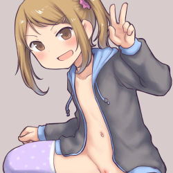  1girl aaaa_(quad-a) arm_up bad_id bad_pixiv_id blush brown_eyes brown_hair cleft_of_venus clip collarbone flat_chest grey_background high_socks highres hood hoodie loli long_sleeves looking_at_viewer navel open_mouth original out-of-frame_censoring ponytail purple_thighhighs pussy pussy_peek side_ponytail simple_background solo thighhighs v  rating:Explicit score:107 user:Lolisarewseetangels