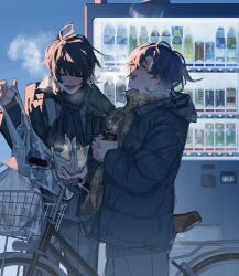  2boys :d ^_^ absurdres bag bicycle black_hair blush breath can closed_eyes coat commentary_request commission earrings food highres jewelry male_focus multiple_boys open_mouth original plastic_bag scarf smile vending_machine winter_clothes winter_coat yofuraruto 