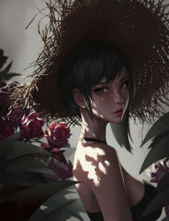  1girl bare_shoulders black_choker breasts chinese_commentary choker commentary_request eyelashes flower freckles green_eyes green_hair hat highres lips long_neck looking_at_viewer looking_back nose original portrait rose shadow short_hair sidelighting solo straw_hat upper_body wang_chen  rating:Sensitive score:9 user:danbooru