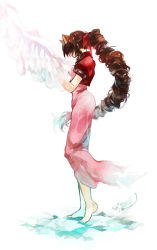  1990s_(style) 1girl aerith_gainsborough bad_id bad_pixiv_id barefoot bow brown_hair dress feathers final_fantasy final_fantasy_vii full_body hair_bow long_dress long_hair pink_dress retro_artstyle shirori_(maremitu) simple_background solo square_enix very_long_hair 
