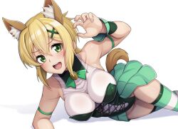  1girl akatsuki_kirika alfort_(may0508) animal_ears arm_strap blonde_hair breasts dog_ears dog_tail fake_animal_ears fake_tail green_eyes green_leotard green_thighhighs hair_ornament highres leotard looking_at_viewer lying medium_breasts on_side open_mouth senki_zesshou_symphogear shiny_skin short_hair showgirl_skirt simple_background skindentation smile solo striped_clothes striped_thighhighs tail thighhighs white_background 