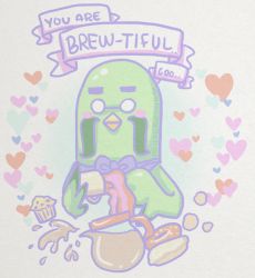  1boy animal_crossing brewster_(animal_crossing) coffee_pot doughnut english_text food grey_background heart looking_at_viewer muffin nintendo pastel_colors poyochan simple_background valentine_card 