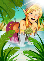 1boy all_fours bandana bands bare_shoulders bent_over blonde_hair blush crossdressing gerudo_set_(zelda) hair_over_shoulder kitsune23star link looking_at_viewer male_focus naughty_face nintendo official_alternate_costume open_mouth pervert pointy_ears shiny_skin smile solo sunlight swept_bangs the_legend_of_zelda the_legend_of_zelda:_breath_of_the_wild tongue tongue_out trap tree water wet wet_clothes rating:Sensitive score:99 user:danbooru