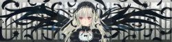  1girl absurdres black_wings dress feathered_wings feathers frills gothic_lolita hairband highres lolita_fashion lolita_hairband long_image looking_at_viewer official_art peach-pit rozen_maiden scan serious silver_hair solo suigintou wide_image wings 