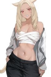  1girl animal_ears bare_shoulders belt black_pants blonde_hair blush breasts chest_sarashi collarbone commentary_request drill_hair eyelashes facial_mark final_fantasy final_fantasy_xiv grey_trim groin hand_in_pocket highres jacket large_breasts long_hair navel open_clothes open_jacket pants red_eyes sarashi simple_background solo standing teeth torisanff14 twin_drills v-shaped_eyebrows warrior_of_light_(ff14) whisker_markings white_background white_jacket 