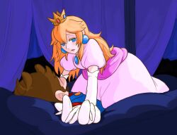 1boy 1girl bed blonde_hair blue_eyes breasts brooch brown_hair crown dress earrings facial_hair girl_on_top gloves holding_hands jewelry long_hair looking_at_another mario mario_(series) medium_breasts mustache nintendo overalls pink_dress princess_peach super_mario_bros._1 uni_x64
