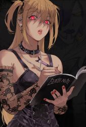  1girl amane_misa black_background black_collar black_dress black_ribbon blonde_hair book breasts bright_pupils collar collarbone commentary cross cross_earrings cross_necklace death_note dress ear_piercing earrings english_commentary foreshortening giganticbuddha hair_ribbon highres holding holding_notebook holding_pen jewelry kuromi lips long_hair looking_at_viewer medium_breasts nail_polish necklace notebook onegai_my_melody open_book parted_lips pen piercing pink_eyes pink_lips red_nails ribbon sanrio sleeveless sleeveless_dress solo two_side_up upper_body very_long_hair white_pupils 