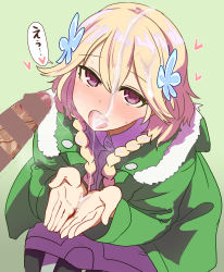 1boy 1girl blonde_hair blush braid censored cum cum_bubble cum_in_mouth cum_on_hair cum_on_hands cum_on_tongue cum_pool cum_string cumdrip dress facial fang flower from_above gokkun green_background green_jacket hair_flower hair_ornament heart highres jacket long_hair long_sleeves looking_at_viewer misono_chiaya open_mouth out_of_frame own_hands_together penis purple_dress purple_eyes simple_background speech_bubble squatting sumiyao_(amam) the_rolling_girls twin_braids rating:Explicit score:77 user:danbooru