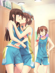 3girls :d ^_^ bag bare_arms bare_legs basketball basketball_uniform between_legs blue_eyes blush brown_hair kissing_cheek closed_eyes commission door closed_eyes female_focus finger_to_face folded_ponytail gym_shorts hair_between_eyes hand_on_another&#039;s_shoulder hand_on_own_hip handbag heart hime_cut hug indoors jersey kiss leg_between_thighs legs locker locker_room long_hair looking_at_another midriff multiple_girls mylovelydevil open_mouth original scrunchie short_hair shorts shy siblings side_ponytail sisters sleeveless smile sportswear standing surprised sweatdrop twins wristband yuri rating:Questionable score:81 user:danbooru