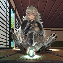  10s 1girl 2017 armor armored_dress barefoot blush corrin_(female)_(fire_emblem) corrin_(fire_emblem) feet fire_emblem fire_emblem_fates greaves hair_between_eyes hair_ornament hairband highres indian_style knees_apart_feet_together legs long_hair nintendo pointy_ears red_eyes sidelocks silver_hair sitting solo spread_legs stone sweat thighs toes  rating:Sensitive score:27 user:Severa808
