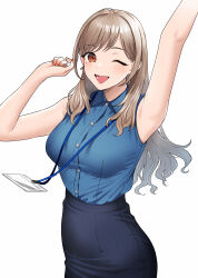  1girl ;d arm_up armpits black_skirt blue_shirt breasts brown_eyes brown_hair collared_shirt commentary_request doushimasho earrings highres id_card jewelry lanyard long_hair looking_at_viewer one_eye_closed open_mouth original shirt skirt sleeveless sleeveless_shirt smile solo 