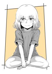 1girl absurdres blush bottomless breasts closed_mouth collarbone fang girls_und_panzer highres indian_style katyusha_(girls_und_panzer) looking_at_viewer monochrome naked_shirt no_panties on_floor orange_theme partially_colored pussy rorimo shirt short_hair simple_background sitting small_breasts smile solo t-shirt two-tone_background rating:Explicit score:23 user:danbooru