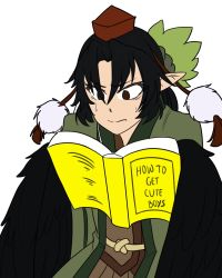  1girl artist_request black_hair book brown_eyes crow_tengu english_text feathers female_focus harpy hat monster_girl monster_girl_encyclopedia open_book pointy_ears reading solo source_request sweat text_focus wings  rating:Sensitive score:9 user:Insanedragon