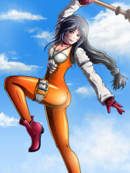 1girl absurdres ass belt black_hair blue_sky bodysuit breasts choker cloud feet_out_of_frame final_fantasy final_fantasy_ix garnet_til_alexandros_xvii gloves godesigns87 highres holding holding_weapon jewelry leg_up long_hair long_sleeves looking_ahead medium_breasts necklace orange_bodysuit orange_eyes pendant red_choker red_footwear red_gloves sky solo staff thigh_strap upper_body weapon white_belt white_sleeves 