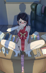  1boy 1girl 5228 anal_beads arm_support bare_shoulders black_hair blue_eyes blush boruto:_naruto_next_generations boruto:_naruto_the_movie bridal_gauntlets butt_plug chair closed_mouth collarbone come_hither condom condom_packet_strip condom_wrapper covered_navel cross_bikini crotch_strap desk detached_sleeves dildo elbow_gloves eyebrows female_focus fingerless_gloves fingernails full_body gift_wrapping glasses gloves groin hand_up high_heels highres kunai lips looking_at_viewer lube naked_ribbon naruto naruto_(series) office_chair on_table phone photo_(object) red-framed_eyewear ribbon sex_toy shoes short_hair speculum spread_legs squatting stiletto_heels swept_bangs swivel_chair table thighhighs toeless_footwear toenails toes too_many too_many_sex_toys uchiha_sarada uzumaki_naruto vibrator weapon white_gloves white_thighhighs  rating:Explicit score:516 user:danbooru
