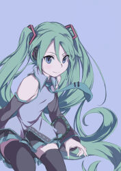  1girl black_skirt black_thighhighs blue_background blue_eyes blue_necktie closed_mouth collared_shirt commentary_request detached_sleeves eyelashes geregere_(lantern) green_hair green_nails grey_shirt hair_between_eyes hatsune_miku long_hair nail_polish necktie pleated_skirt shirt skirt smile solo thighhighs tie_clip twintails very_long_hair vocaloid 