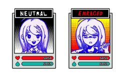  1girl ahoge akamatsu_kaede angry bad_id bad_twitter_id bags_under_eyes baseball_bat blush_stickers collared_shirt commentary danganronpa_(series) danganronpa_v3:_killing_harmony english_commentary english_text fortissimo frown furrowed_brow gameplay_mechanics hair_ornament hairclip holding holding_baseball_bat long_hair looking_at_viewer musical_note musical_note_hair_ornament necktie omori open_mouth over_shoulder parody portrait shaded_face shirt simple_background smile style_parody sweater_vest teeth upper_teeth_only variations weapon weapon_over_shoulder white_background yuni_(yunimiho) 