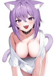  1girl absurdres all_fours animal_collar animal_ears breasts cat_ears cat_tail cleavage collar collarbone commentary_request downblouse fangs hanging_breasts highres hololive jjetotwt large_breasts looking_at_viewer loose_clothes loose_shirt naked_shirt nekomata_okayu open_mouth purple_eyes purple_hair shirt simple_background single_bare_shoulder smile solo tail virtual_youtuber white_background white_shirt  rating:Sensitive score:43 user:danbooru