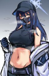  1girl absurdres bare_shoulders black_hat blue_archive blue_eyes blue_gloves blue_hair breasts commentary crop_top gloves gradient_background grey_background hand_up hat highres jacket large_breasts long_hair looking_at_viewer mask midriff mitarashi_renge mouth_mask navel off_shoulder open_clothes open_jacket peaked_cap saori_(blue_archive) solo steam stomach upper_body white_background white_jacket 