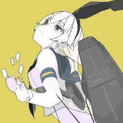  1girl bad_id bad_pixiv_id bare_shoulders blonde_hair closed_mouth crop_top hairband hand_up kantai_collection long_hair looking_to_the_side lowres sailor_collar sailor_shirt sentakki shimakaze_(kancolle) shirt simple_background solo upper_body yellow_background 
