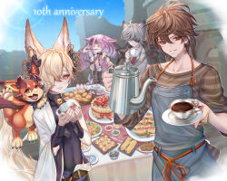  &gt;_&lt; 1girl 1other 3boys ahoge animal_ears apron arch azaka_(rionrita) baguette bell belt bishounen blonde_hair blue_sky bread brown_hair burger cake choker coffee_cup coffee_pot commentary commentary_request cup cupcake denim disposable_cup dragon eating english_text erune eyepatch food formal fox_ears goth_fashion gothic_lolita granblue_fantasy grey_hair hair_between_eyes hair_ornament hair_over_one_eye holding holding_cup jacket jacket_on_shoulders kou_(granblue_fantasy) light_particles light_rays lolita_fashion looking_at_viewer male_focus manamel_(granblue_fantasy) medium_hair multicolored_hair multiple_boys neck_bell necktie nehan_(granblue_fantasy) picnic pink_hair red_eyes red_nails red_necktie ruins salad sandalphon_(granblue_fantasy) sandalphon_(server_of_a_sublime_brew)_(granblue_fantasy) shirt short_hair sky sleeves_rolled_up striped_clothes striped_shirt suit sushi table vertical-striped_clothes vertical-striped_shirt vignetting vyrn_(granblue_fantasy) wolf_ears 