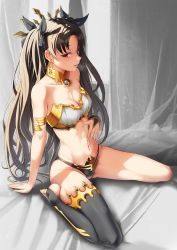1girl absurdres armlet bare_shoulders bed_sheet bikini black_bikini black_bow black_hair black_thighhighs blush bow breasts cleavage collar collarbone earrings fate/grand_order fate_(series) full_body hair_bow hand_on_own_stomach highres hoop_earrings ishtar_(fate) jewelry long_hair medium_breasts mismatched_bikini navel parted_bangs parted_lips red_eyes single_thighhigh sitting solar_(happymonk) solo stirrup_legwear stomach strapless strapless_bikini swimsuit thighhighs thighlet toeless_legwear two_side_up very_long_hair wariza white_bikini rating:Sensitive score:91 user:danbooru