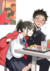  1boy 1girl black_hair black_jacket black_pants black_skirt blush bow bowtie boyfriend_(yoru_mac) brand_name_imitation breasts breath chicken_nuggets commentary cup disposable_cup fast_food food french_fries girlfriend_(yoru_mac) grey_bow grey_bowtie grin hanging_breasts highres huge_breasts jacket long_hair looking_at_another looking_back mcdonald&#039;s mole mole_under_eye nose_blush pants pleated_skirt ponytail product_girl red_jacket reference_inset sagging_breasts school_uniform shirt short_hair simple_background sitting skirt sky-freedom smile sweatdrop symbol-only_commentary undressing wcdonald&#039;s white_background white_shirt wide-eyed yoru_mac  rating:Sensitive score:155 user:danbooru