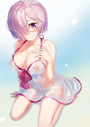 1girl arm_support asanogawa_(tutufcc) barefoot blush bow collarbone fate/grand_order fate_(series) glasses hair_over_one_eye hand_on_own_chest kneeling light_purple_hair looking_at_viewer mash_kyrielight mash_kyrielight_(swimsuit_of_perpetual_summer) no_bra official_alternate_costume purple_eyes see-through sitting smile solo wet rating:Questionable score:19 user:danbooru