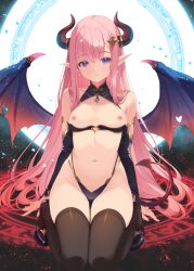  1girl bare_shoulders bikini black_thighhighs blue_eyes breasts commentary_request demon_girl demon_horns demon_tail demon_wings detached_sleeves earrings highleg highleg_bikini horns jewelry kirishima_satoshi long_hair looking_at_viewer magic_circle navel nipples original parted_lips pink_hair pointy_ears small_breasts solo swimsuit tail thighhighs wings 