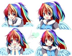  1girl character_sheet expressions long_hair multicolored_hair my_little_pony my_little_pony:_friendship_is_magic open_mouth personification ponytail rainbow_dash sakurano_ru solo white_background wings  rating:Sensitive score:46 user:hellarmy