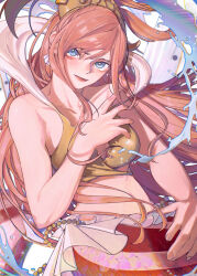  1girl absurdres bikini blue_eyes blush_stickers close-up commentary earrings english_commentary fish_hair_ornament hagoromo hair_ornament highres jewelry long_hair looking_at_viewer mermaid monster_girl mygiorni one_piece pink_hair shawl shell shell_earrings shirahoshi sidelocks solo swimsuit water yellow_bikini 