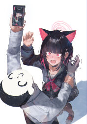  1boy 1girl absurdres animal_ears arm_grab arm_up betabeet black_choker black_hair black_jacket black_pantyhose blue_archive cat_ears cellphone cellphone_photo choker doodle_sensei_(blue_archive) fang from_above halo highres holding holding_phone jacket kazusa_(blue_archive) long_sleeves nose_bubble open_mouth pantyhose phone pink_halo red_eyes sensei_(blue_archive) shirt short_hair simple_background skin_fang sleeping smartphone standing trembling white_background white_shirt 
