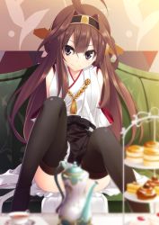  10s 1girl ahoge bad_id bad_pixiv_id black_footwear black_thighhighs blurry blush boots brown_hair cake convenient_censoring couch cup depth_of_field detached_sleeves double_bun food green_upholstery hair_bun hairband headgear japanese_clothes kantai_collection kongou_(kancolle) long_hair looking_at_viewer matsuyama_nozomu nontraditional_miko sitting skirt smile solo tea teacup teapot thigh_boots thighhighs tiered_serving_stand tiered_tray 