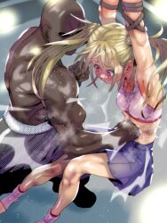  1boy 1girl abs armpits bald belly_punch blonde_hair blue_sky breasts dark-skinned_male dark_skin fingerless_gloves gloves long_hair midriff muscular muscular_male original punching red_eyes restrained ryona sky small_breasts soon_(c-u-soon) sports_bra stomach_punch twintails  rating:Questionable score:44 user:LightSolas