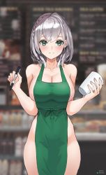  1girl apron bare_shoulders blurry blurry_background blush braid breasts cleavage closed_mouth collarbone cup deviantart_logo eyelashes green_apron green_eyes grey_hair hair_between_eyes highres holding holding_cup holding_marker hololive iced_latte_with_breast_milk_(meme) large_breasts long_eyelashes looking_at_viewer marker medium_hair meme naked_apron shirogane_noel smile solo starbucks twitter_logo twitter_username virtual_youtuber wersman  rating:Sensitive score:89 user:danbooru