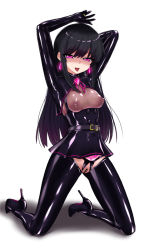  1girl alternate_eye_color arms_up asashio_(kancolle) asashio_kai_ni_(kancolle) belt belt_buckle black_bow black_bowtie black_capelet black_footwear black_gloves black_hair boots bow bowtie breastless_clothes breasts buckle capelet censored corruption covered_erect_nipples crotchless crotchless_panties dress earrings elbow_gloves full_body gem gloves glowing glowing_earrings high_heels jewelry kantai_collection kneeling latex legs_apart long_hair looking_at_viewer microdress open_mouth panties pinafore_dress pink_eyes pubic_tattoo round_teeth sasakura_(calicchio) shaded_face shiny_clothes skindentation sleeveless_dress small_breasts solo tattoo teeth thigh_boots tongue tongue_out underwear  rating:Explicit score:45 user:danbooru