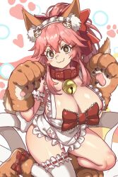  1girl animal_ear_fluff animal_ears animal_hands apron bare_shoulders bell blush bow breasts cat_hair_ornament cleavage collar ebora fate/extra fate/grand_order fate_(series) fox_ears fox_girl fox_tail frills gloves hair_bow hair_ornament highres jingle_bell large_breasts long_hair looking_at_viewer maid_headdress naked_apron neck_bell paw_gloves paw_shoes pink_hair ponytail red_bow sidelocks single_thighhigh smile solo tail tamamo_cat_(third_ascension)_(fate) thighhighs thighs white_thighhighs yellow_eyes  rating:Sensitive score:30 user:danbooru
