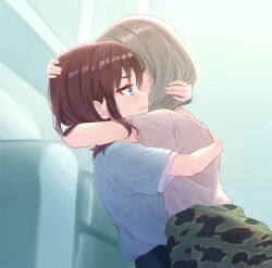  2girls blue_eyes blue_shirt blush brown_hair camouflage camouflage_jacket closed_mouth clothes_around_waist commentary_request girls_band_cry grey_hair grey_shirt hand_on_another&#039;s_back hand_on_another&#039;s_head highres hug indoors iseri_nina jacket jacket_around_waist kawaragi_momoka long_hair multiple_girls shirt short_sleeves short_twintails sweatdrop tadokoro_teppei twintails upper_body wavy_mouth yuri 