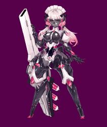  1girl absurdres blue_eyes bodysuit breasts cannon covered_erect_nipples digitigrade exoskeleton full_body highres huge_weapon jian_xuanyuan large_breasts latex long_hair looking_at_viewer low_twintails mask mecha_musume mechanical_arms mechanical_legs mouth_mask original pink_hair purple_background second-party_source see-through shiny_clothes skin_tight solo standing stealth_bondage twintails variant_set weapon 