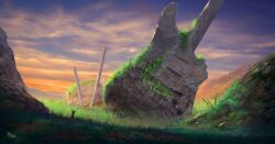  1other abandoned alternate_size cheering commentary decay dilapidated drum drumsticks electric_guitar english_commentary giant grass guitar hands_up hill instrument landscape moss nature original outdoors overgrown plant ruins scenery sky solo standing wide_shot xexumedina 