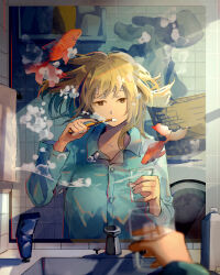  1girl 23el absurdres aqua_shirt bathroom blonde_hair blurry breasts bubble collared_shirt commentary cup depth_of_field different_reflection fish goldfish hand_up highres holding holding_cup holding_toothbrush large_breasts long_sleeves looking_afar looking_at_mirror medium_hair mirror original pajamas pov reflection shirt solo toothbrush underwater upper_body yellow_eyes 