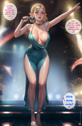  1girl alexander_dinh alternate_costume areola_slip armpits backless_dress backless_outfit bare_legs bare_shoulders blonde_hair blue_dress blush braid breasts breasts_apart cleavage collarbone comic covered_erect_nipples crown_braid curvy dress earrings english_text green_eyes hair_ornament hairclip highres jewelry large_breasts leaning_forward lips long_dress looking_afar microphone music musical_note necklace nintendo open_mouth parted_bangs plunging_neckline pointing pointy_ears princess_zelda purple_nails sandals side_slit singing single_earring solo speech_bubble spoken_musical_note the_legend_of_zelda the_legend_of_zelda:_tears_of_the_kingdom thighs toes veins veiny_breasts  rating:Questionable score:93 user:danbooru