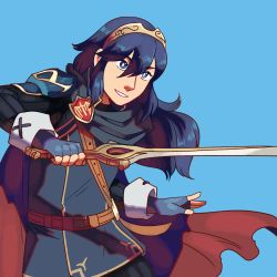  1girl armor blue_background blue_eyes blue_hair cape eyebrows fire_emblem fire_emblem_awakening frogbians gloves highres long_hair looking_at_viewer lucina_(fire_emblem) matching_hair/eyes nintendo parted_lips simple_background smile solo sword tiara weapon  rating:Sensitive score:12 user:tacticulbacon