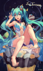 1girl :d ahoge aqua_eyes aqua_hair aqua_nails artist_name atdan bad_id bad_pixiv_id bare_shoulders barefoot blue_skirt bow breasts bug butterfly crown detached_collar fang feet food hair_between_eyes hair_bow hatsune_miku headphones heart heart-shaped_pupils highres in_food insect knee_up light_particles long_hair looking_at_viewer mini_person minigirl nail_polish navel open_mouth parfait revision sitting skirt sky smile solo star_(sky) starry_sky symbol-shaped_pupils toenail_polish toenails tongue twintails v very_long_hair vocaloid w wafer_stick rating:Sensitive score:40 user:danbooru
