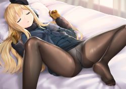  1girl absurdres bangs beret black_legwear blonde_hair blush breasts brown_gloves drooling fate/grand_order fate_(series) feet gloves green_eyes gusset hat highres indoors jacket legs long_hair lying mvv on_back on_bed open_mouth panties panties_under_pantyhose pantyhose photoshop_(medium) pillow reines_el-melloi_archisorte revision soles solo spread_legs straight_hair tongue tongue_out torn_clothes torn_legwear underwear white_panties 
